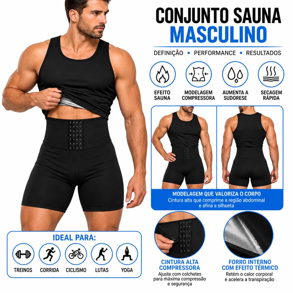 Kit Short Sauna e Camisa Sauna Cinta Regata Modeladora Masculina  Emagrece Postura Efeito Sauna Slim Academia