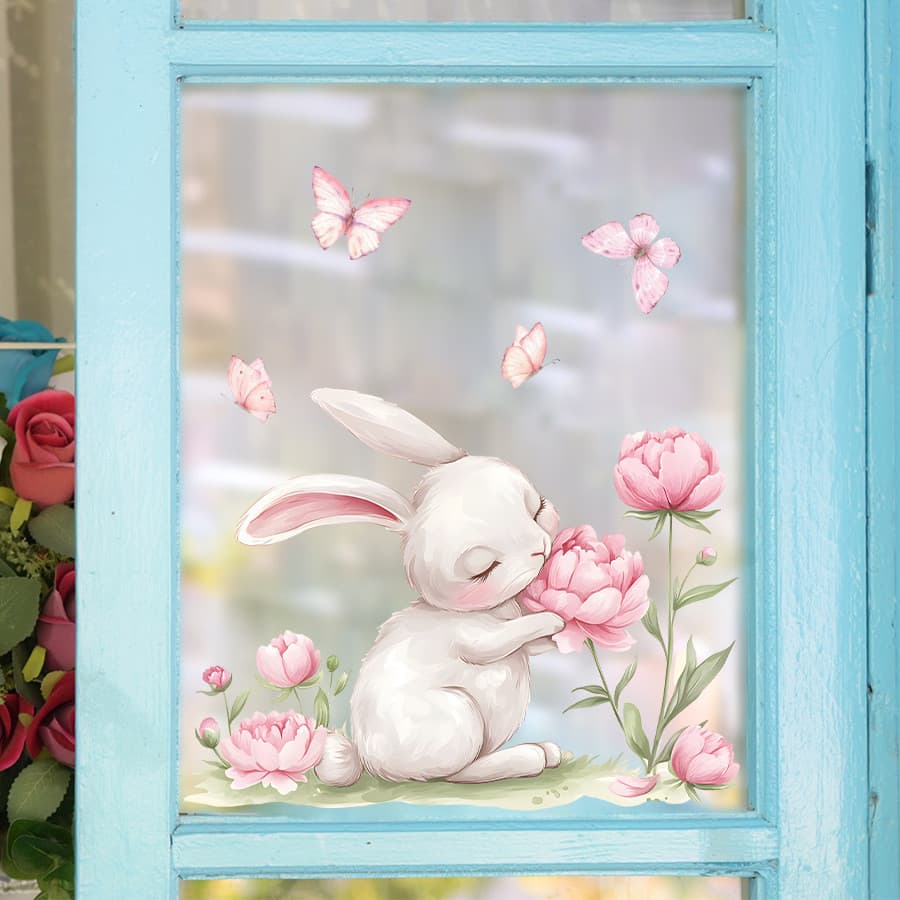 Adesivos de parede autoadesivos Anime janela adesivos bonito dos desenhos animados coelho flor borboleta decoração do qu