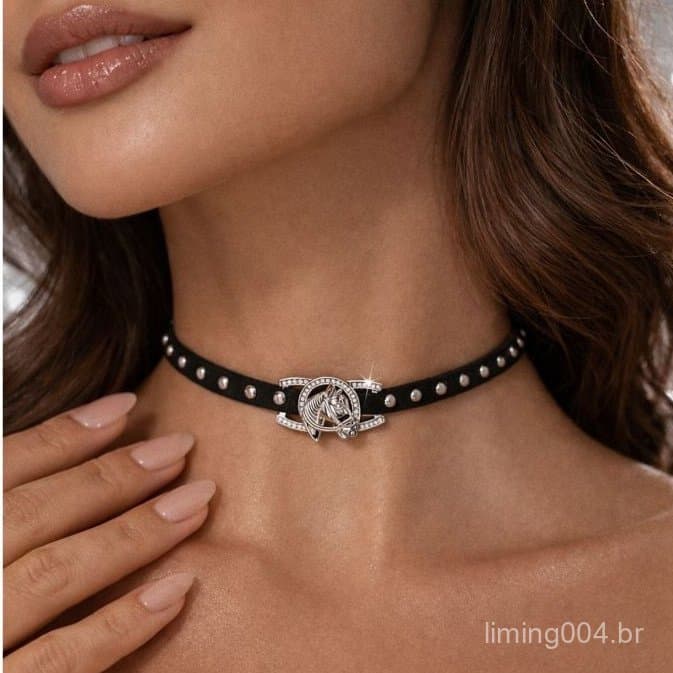 Choker Courinho Feminino Country Ajustável Pingente Ferradura Cavalo Spike Preto Marrom Cowgirl