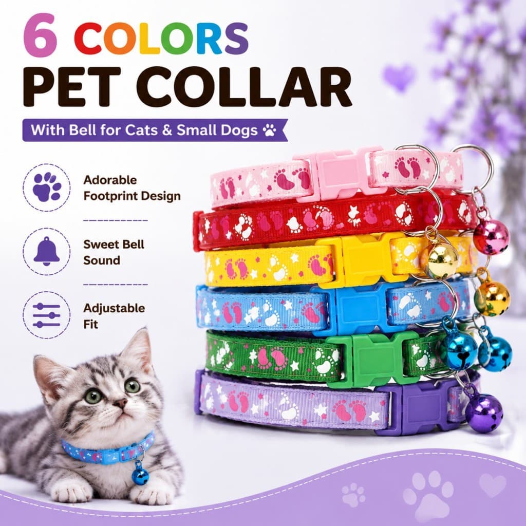 Conjunto de 6 Coleiras para Gatos com Sino, Coleira Ajustável para Animais de Estimação com Design de Pata para Gatos e