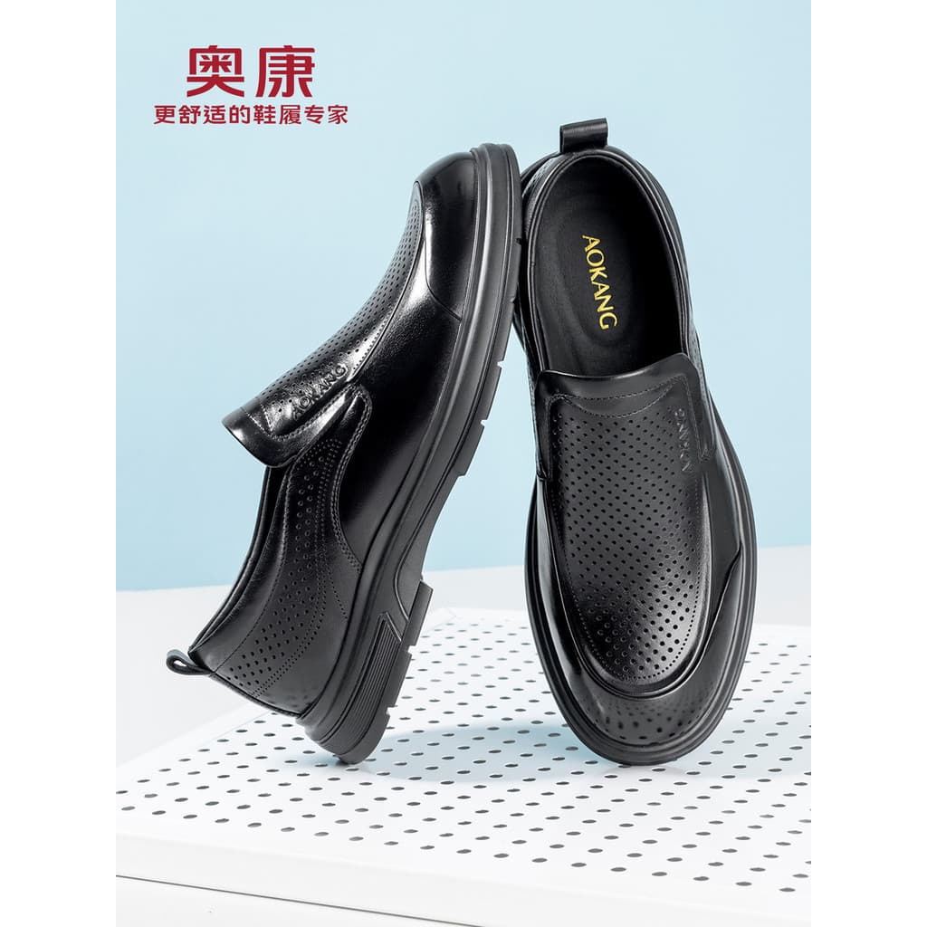Okcom sapatos de couro masculino 2026 novo High-End couro genuíno oco respirável todo preto negócios Commuter sapatos ma