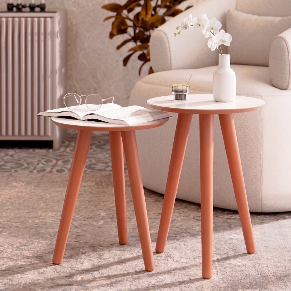 Conjunto de 2 Mesas Apoio e Lateral Maju retrô com pé PVC - Off/Freijó