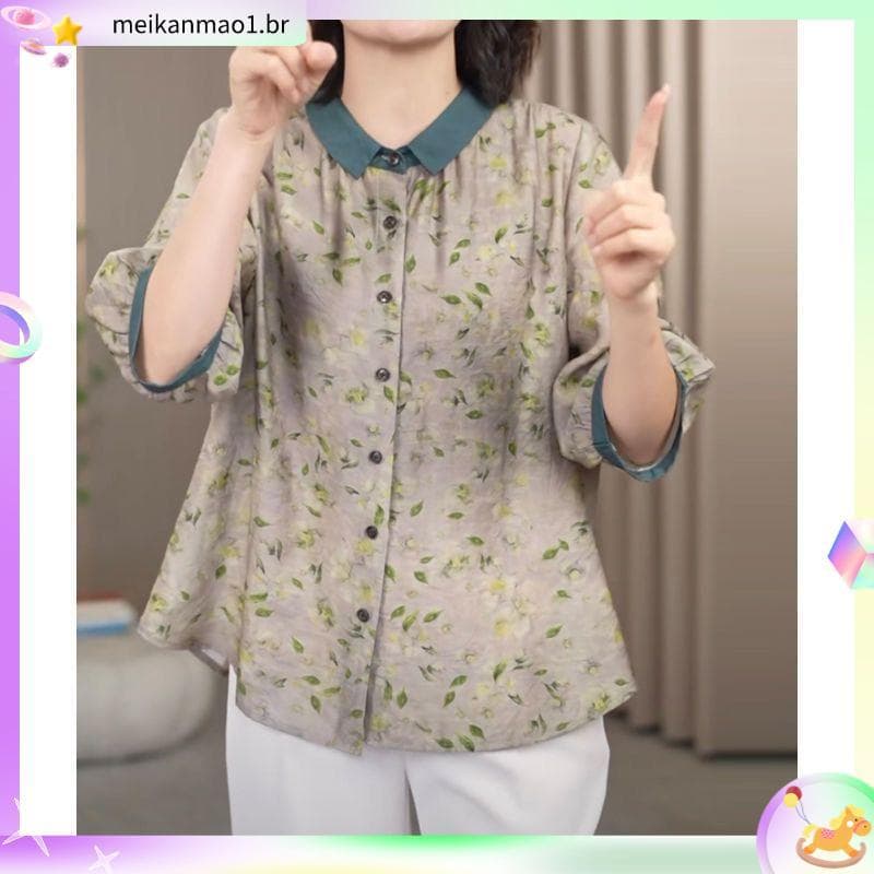 Mostrando temperamento estilo literário mãe High-End Floral camisa pequena Plus Size roupas femininas cobrindo carne cob