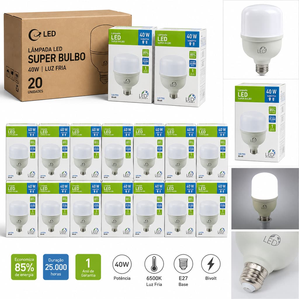 Kit 20 Lâmpadas Led Super Bulbo 40W 6500K Bivolt E27 Led Planet