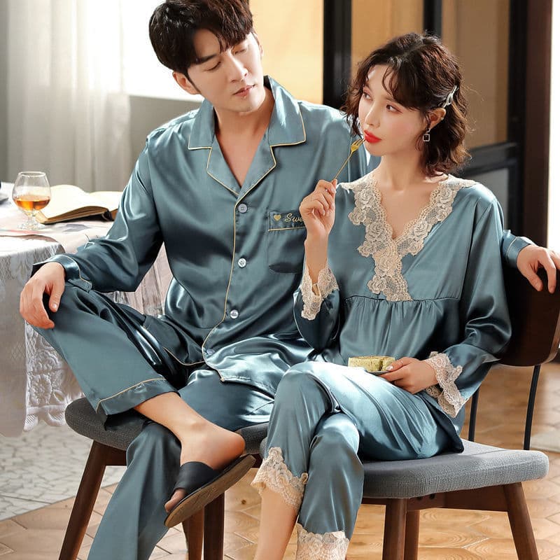 2026 novo estilo casal pijamas feminino primavera outono estilo de manga comprida estilo fino seda gelo Plus Size terno