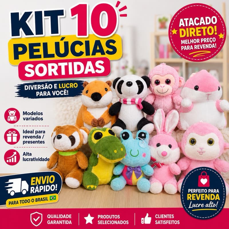 Kit 10 Pelúcias Sortidas 20cm Atacado Revenda Brindes Máquina Grua Presente Fofo Alta qualidade