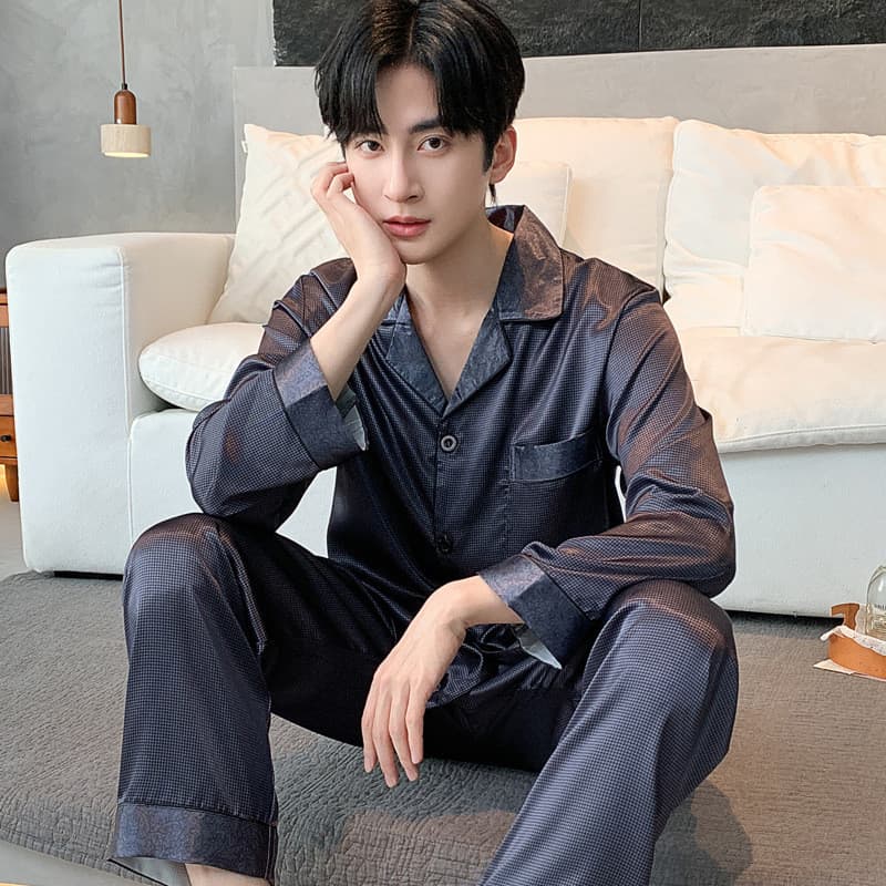 [Novos produtos] Pijamas masculinos primavera outono simulação seda manga comprida outono masculino tamanho grande sensa