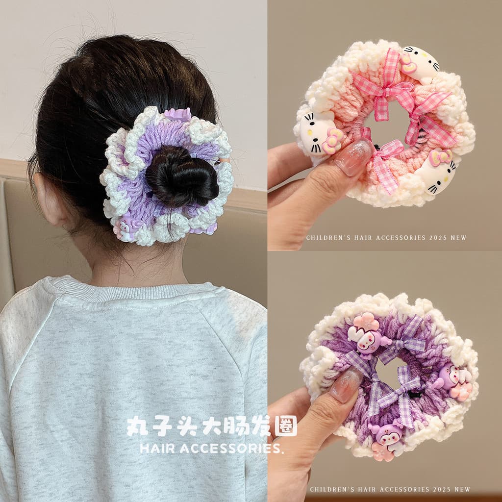 Doce mão-malha lã renda Scrunchy laço de cabelo das crianças meninas gravata bola de cabelo laço de cabelo cocar