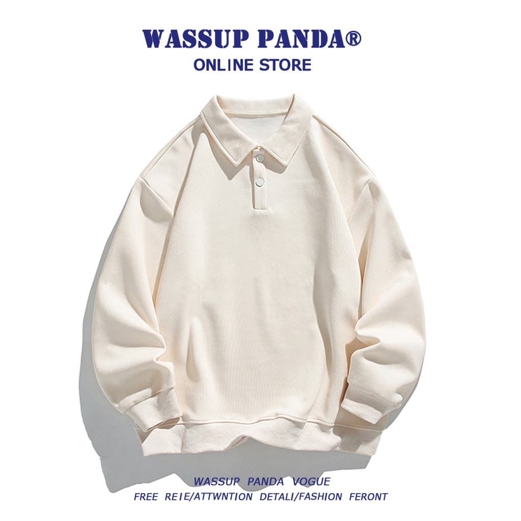 WASSUP PANDA Simples Japonês Lapela Pesada Moletom Masculino Primavera Outono Street Wear Cor Sólida Camisa POLO Casual