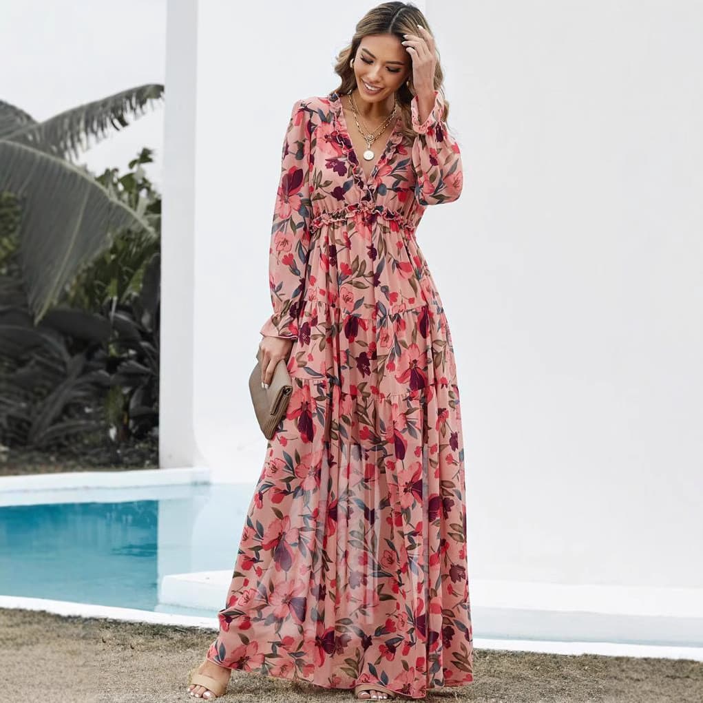 2026 Cross-Border novo estilo de manga comprida moda feminina impresso estilo fada vestido de noite estilo longo