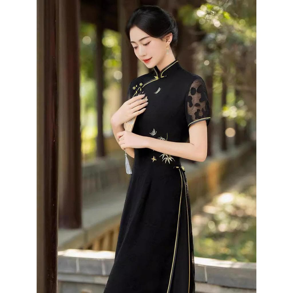 2024 verão novo estilo feminino Aude melhorado novo chinês Retro preto bordado Cheongsam