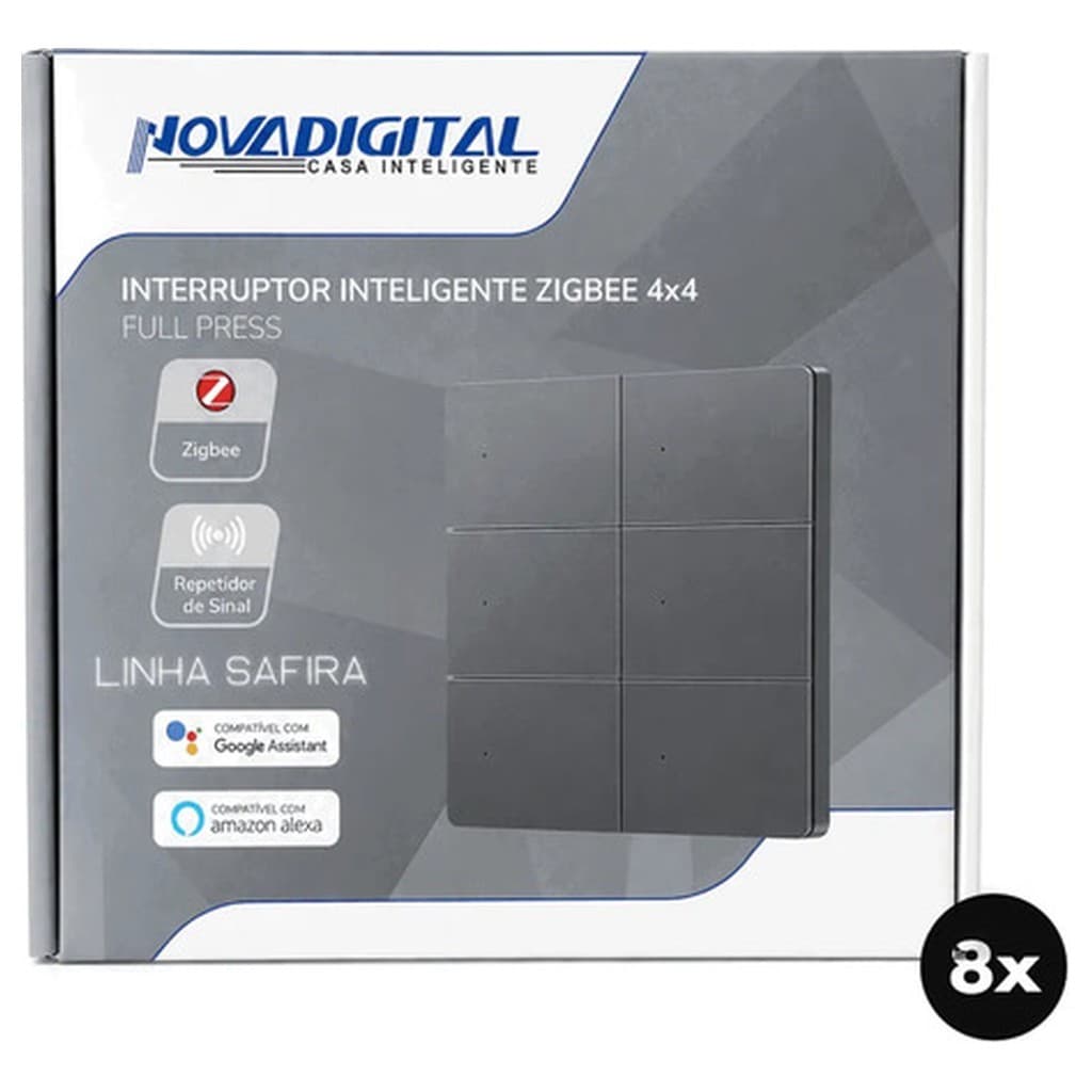 Kit 8 Interruptores Inteligentes Safira Zigbee Nova Digital SA-6 4x4 Full Switch 6 Sessão Prateado