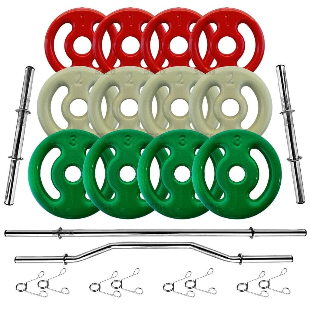 Kit 24Kg Anilhas Emborrachadas com Barras de 40cm e 1,60m + Barra W 1,20m