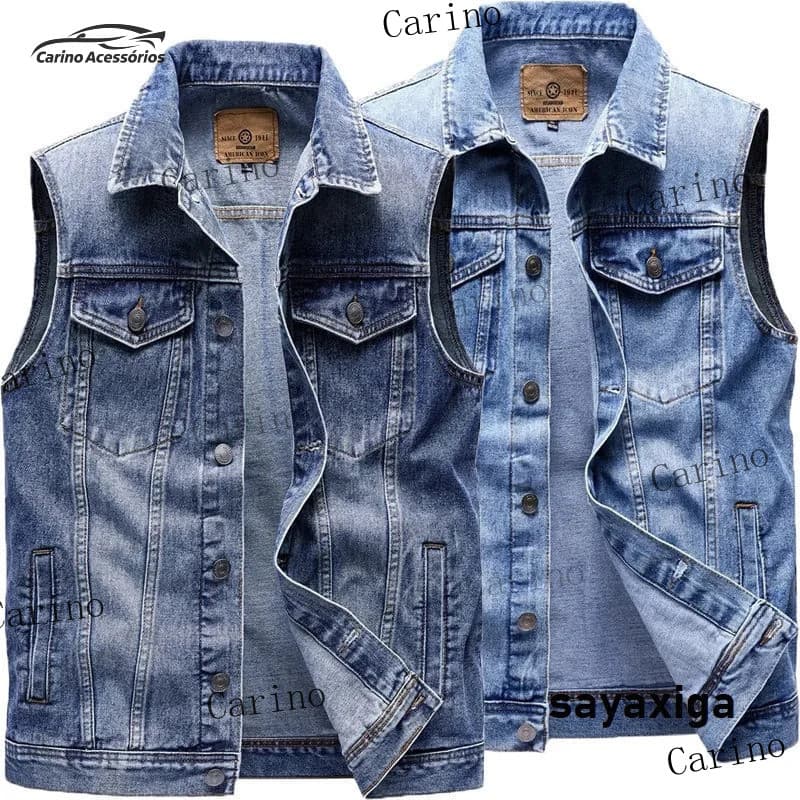 Colete Cargo de Denim Masculino, Jaqueta Sem Mangas com Múltiplos Bolsos, Estilo Lavado, Coletes Masculinos CYVU