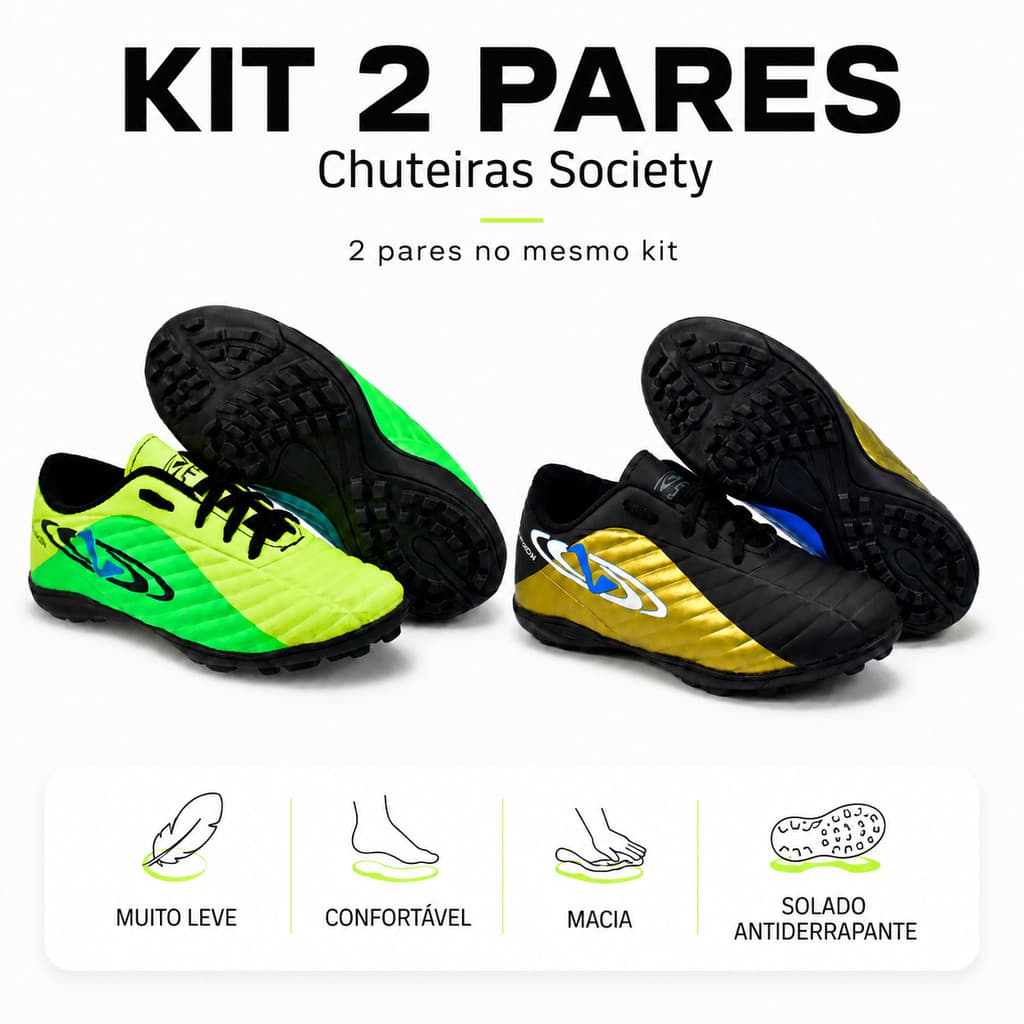 Kit 2 Pares de Chuteira Masculina Infantil Futebol Society Antiderrapante Leve Macia Estilosa Moda