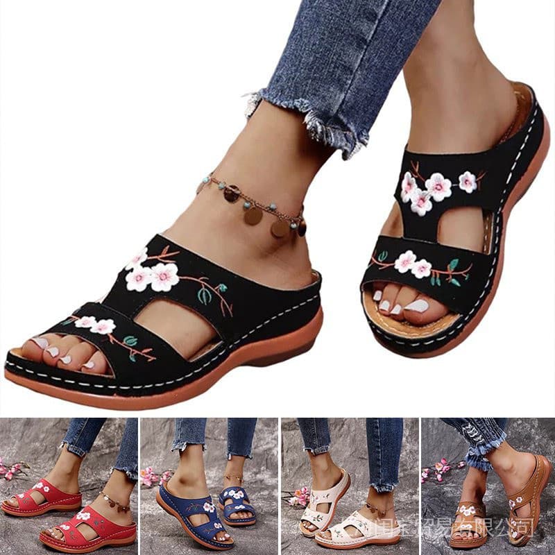 Sandálias Femininas Casuais de Couro Flexível com Bordado Floral e Design Ortopédico Vintage