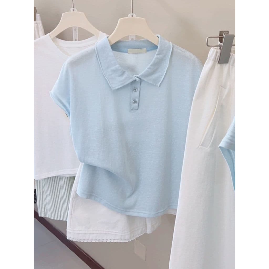 Lapela azul pequena manga voadora camiseta de manga curta senhoras verão 2026 novo estilo estilo Preppy topo camisa POLO