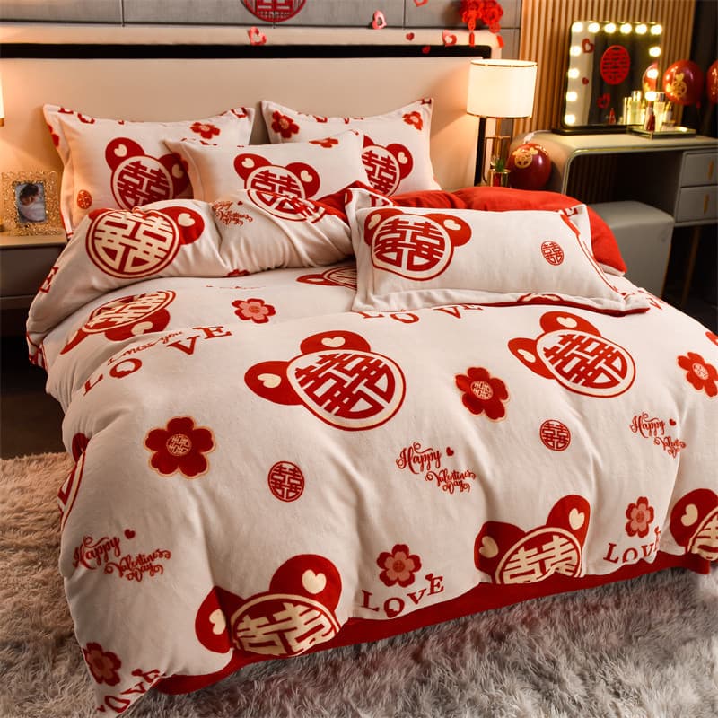 Grande vermelho casamento leite velo conjunto de quatro peças cama de casamento Coral velo flanela colcha capa folha fel