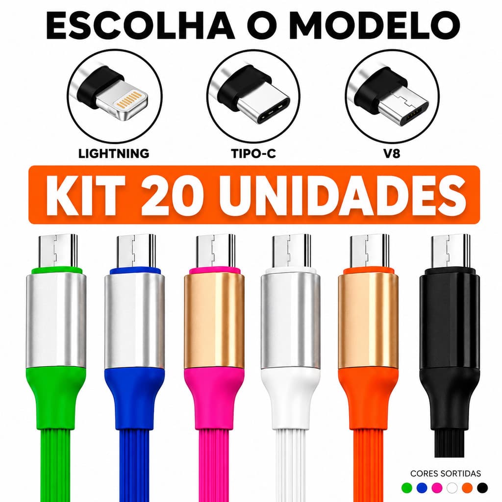KIT 5/10/20 Cabo USB Tipo-C V8 Lightning 1,2M Emborrachado Resistente Colorido Carregador Celular Cores Sortidas Atacado