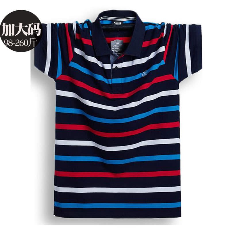 Camiseta listrada de lapela bordada masculina de manga curta algodão puro mais gordura Extra grande cara gordo Paul meia