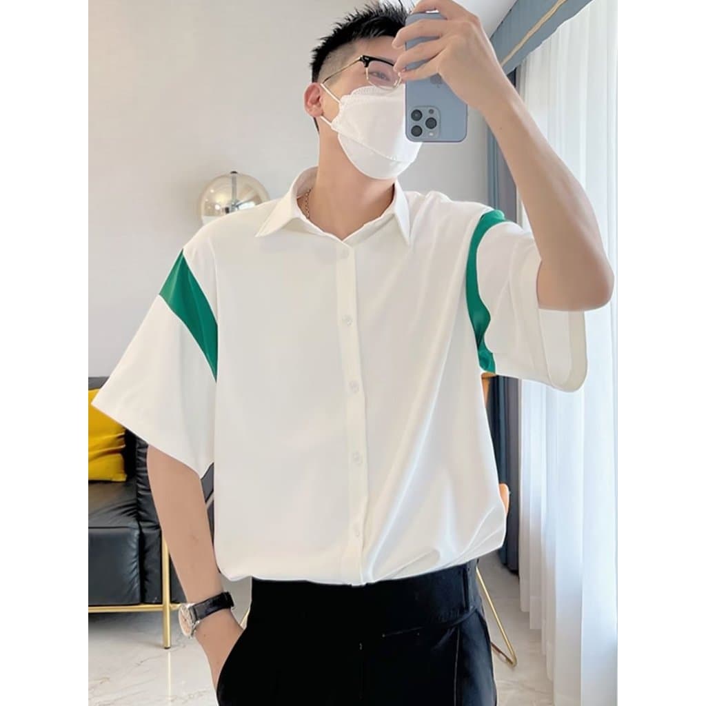 Hong Kong estilo nicho Drape gelo seda meia manga camisa de manga curta masculina High-End rufião bonito solto All-Match