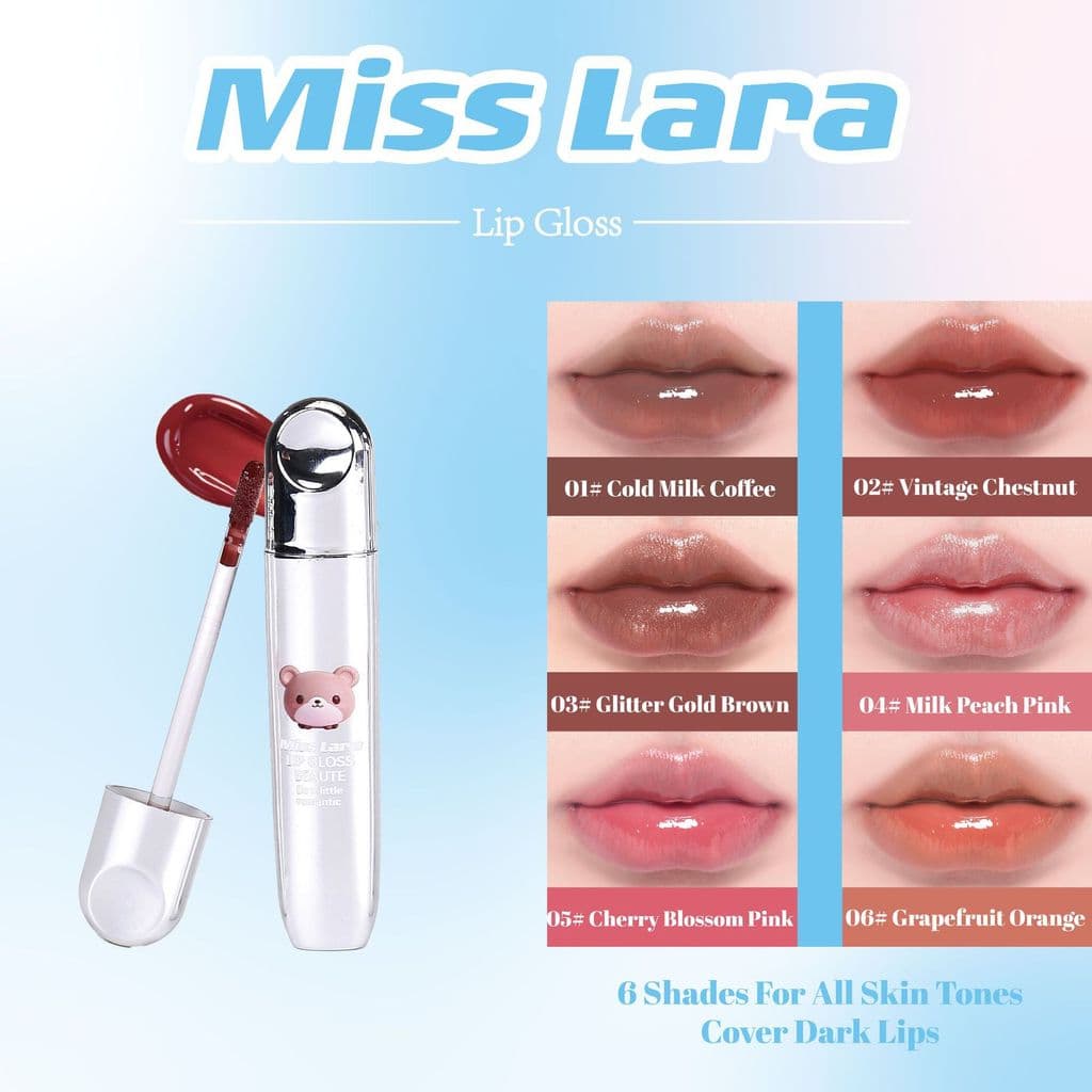 Gloss labial com brilho aquoso, efeito espelhado, hidratante e nutritivo, com acabamento perolado.