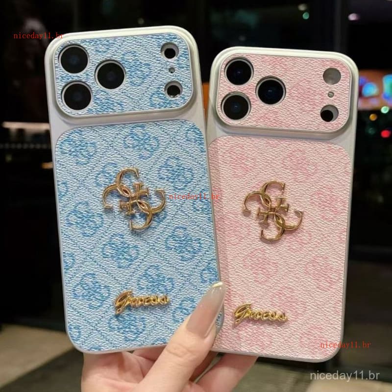 Capa de celular de couro de luxo com etiqueta de metal de marca elegante, adequada para iPhone 13 14 15 16 17 ProMax Plu