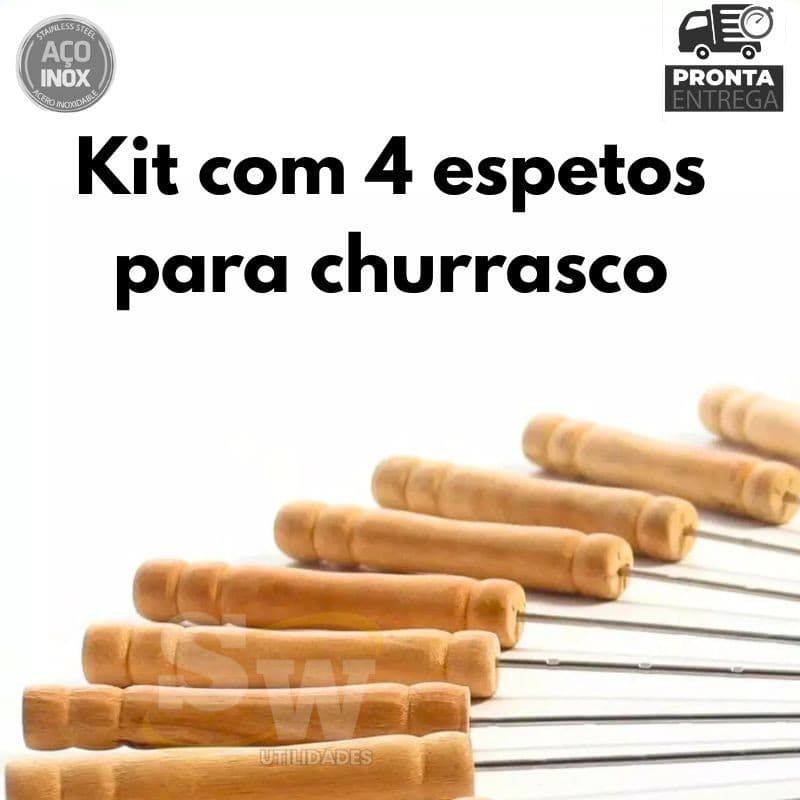 Espetos Para Churrasco Kit com 4 lâminas Inox 45cm com cabo de Madeira