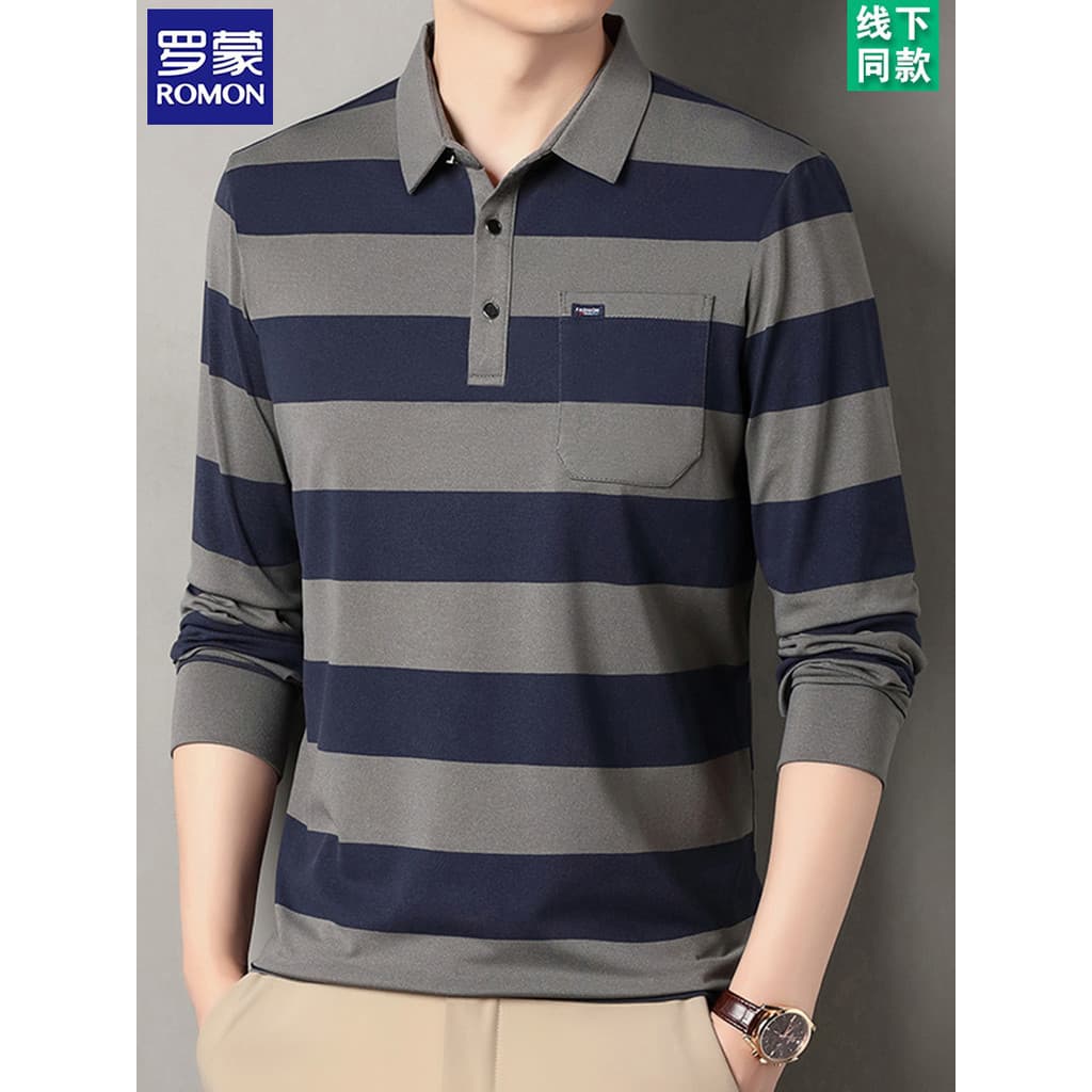 Lomon High-End Listrado Camisa Polo de Manga Comprida Homens de Meia Idade Negócios Casual Camisa POLO Top Camiseta de B