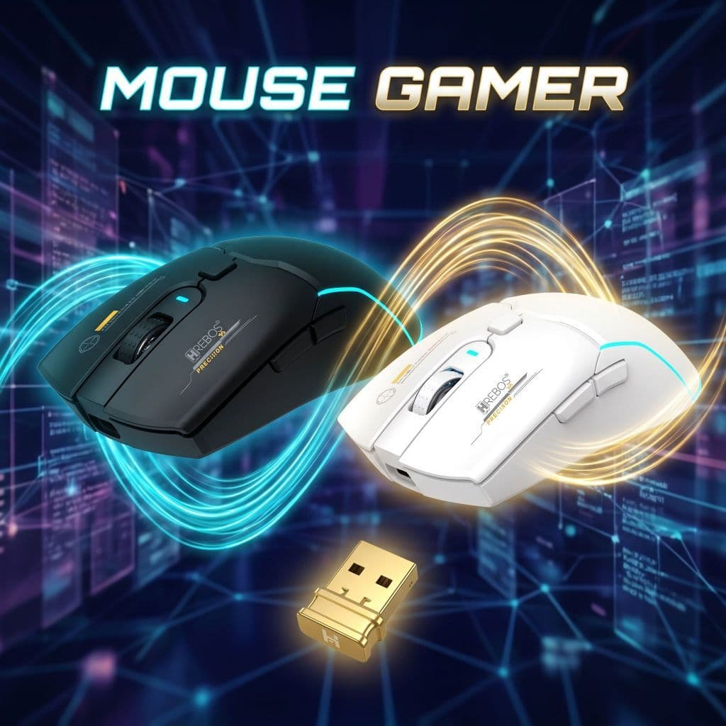 Hrebos Mouse Multiuso 2400DPI para Jogos e Trabalho, Design Ergonômico Resistente Conectividade Bluetooth + USB 2.4G