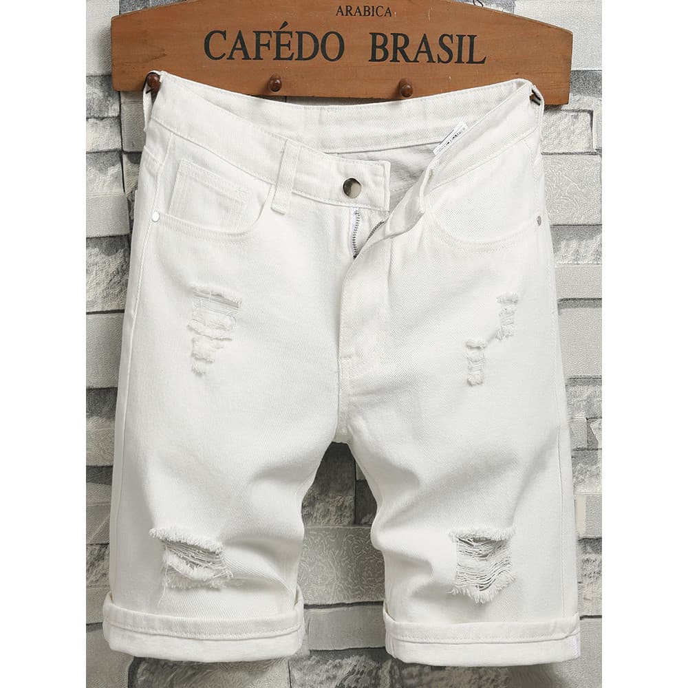 2026 novo estilo branco rasgado calças masculinas Shorts Jeans verão estilo fino cinco pontos sete pontos Jeans estilo m
