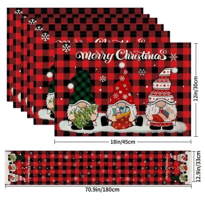 Conjunto de Caminho de Mesa e Jogo Americano de Natal, Linho Estilo 4 Cores, 1 Caminho de Mesa + 6 Jogos Americanos