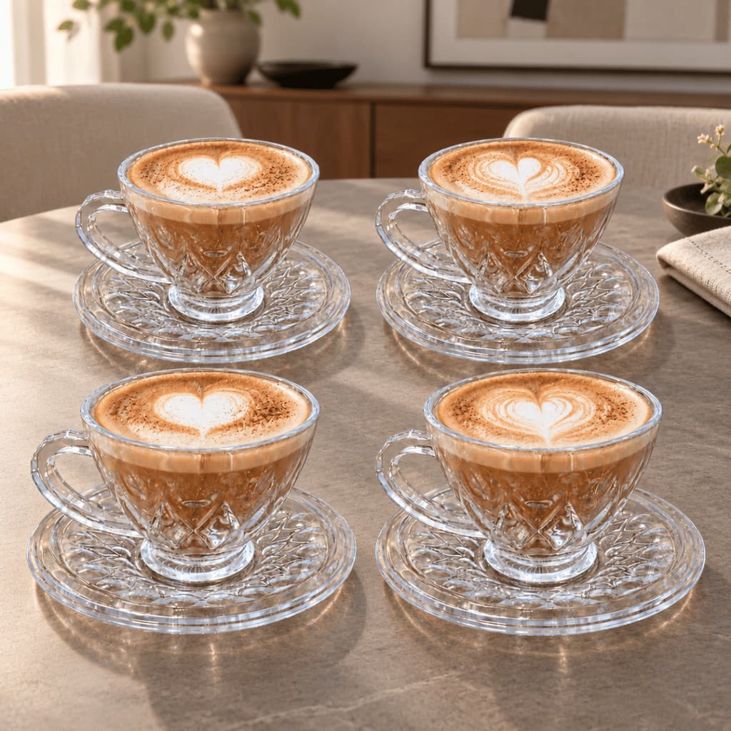 Jogo de Xícaras 8 Peças de Vidro COM PIRES SAFIRA - Xícara Café Chá Vidro Kit Mesa Posta Elegante