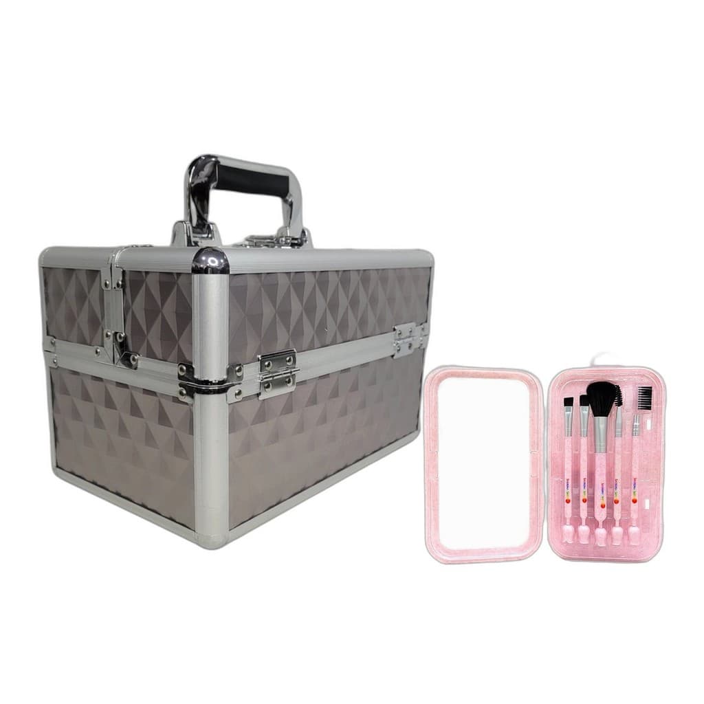 Maleta com Divisórias p/Acessorios e Maquiagem Jasmyne Cinza + Brinde Kit Pincel p/Maquiagem c/5un.Sabrina Sato SS747