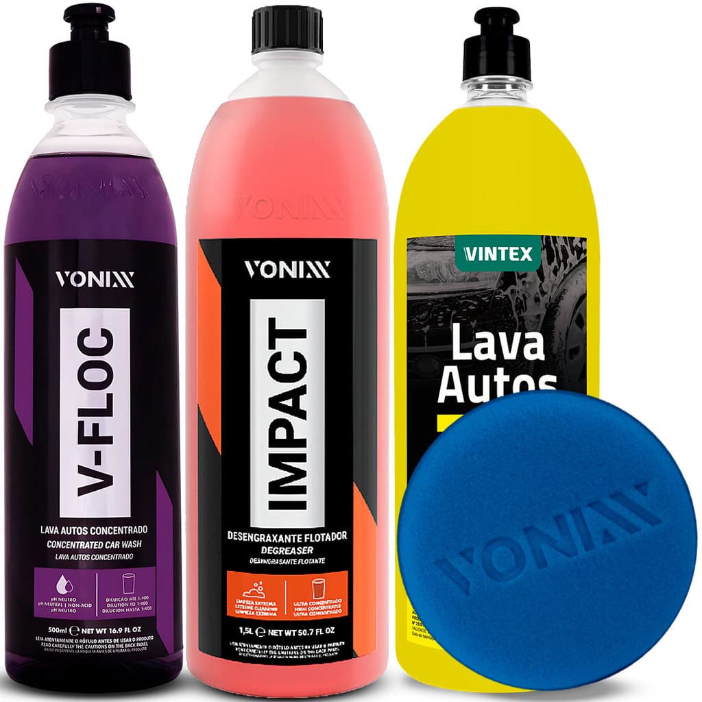 Kit Limpeza Automotiva Shampoo Lava Autos Vintex 1,5L + Shampo V-floc + Desengraxante Impact Vonixx