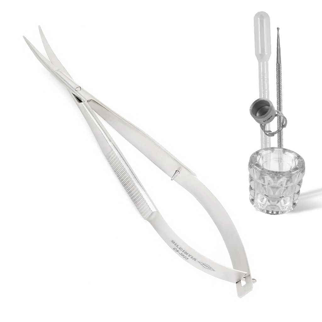 Kit Design Sobrancelhas - Henna Anel Batoque Inox, Palito Duplo Inox, Pote Vidro, Pipeta Dosadora + Tesoura Curva