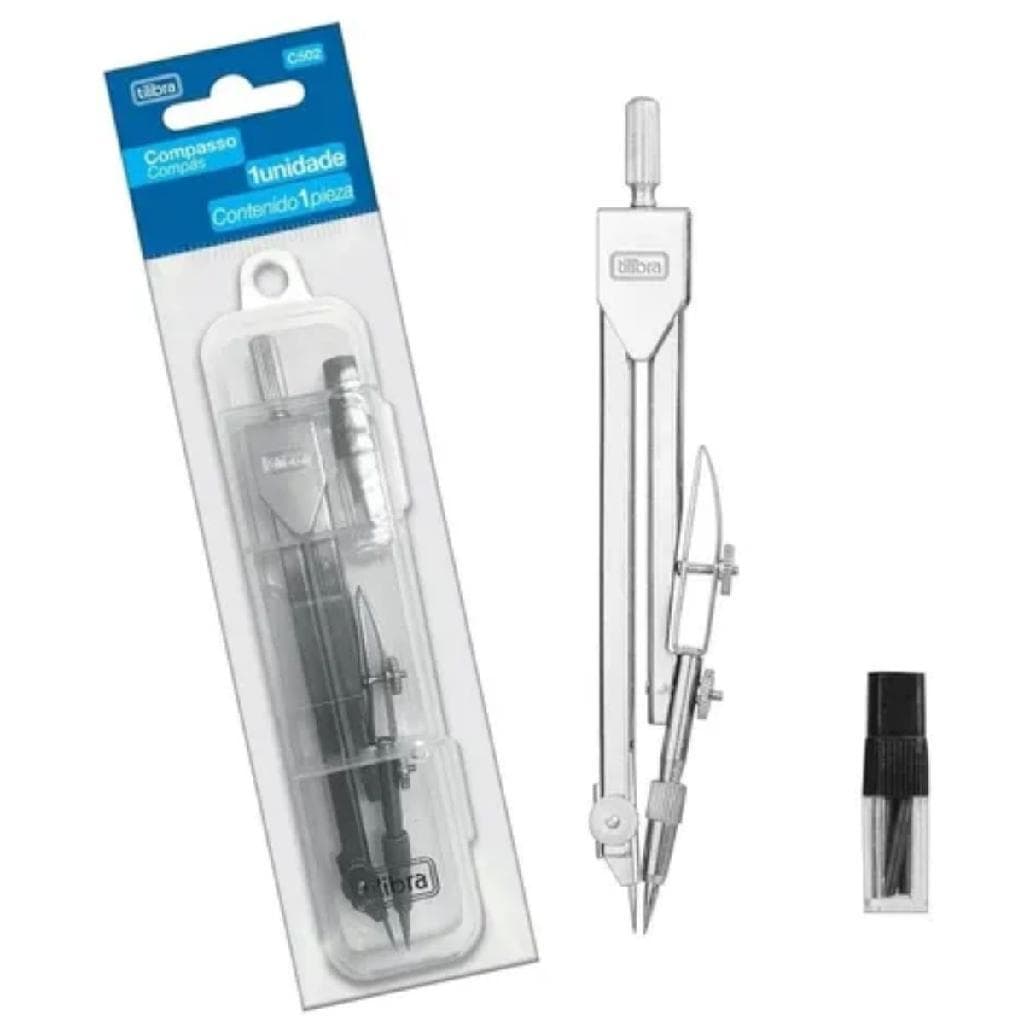Compasso Metal Com Tira-linha C502 C/ Estojo Prateado Eleve o nível do seu Desenho Técnico Com a Precisão e durabilidade