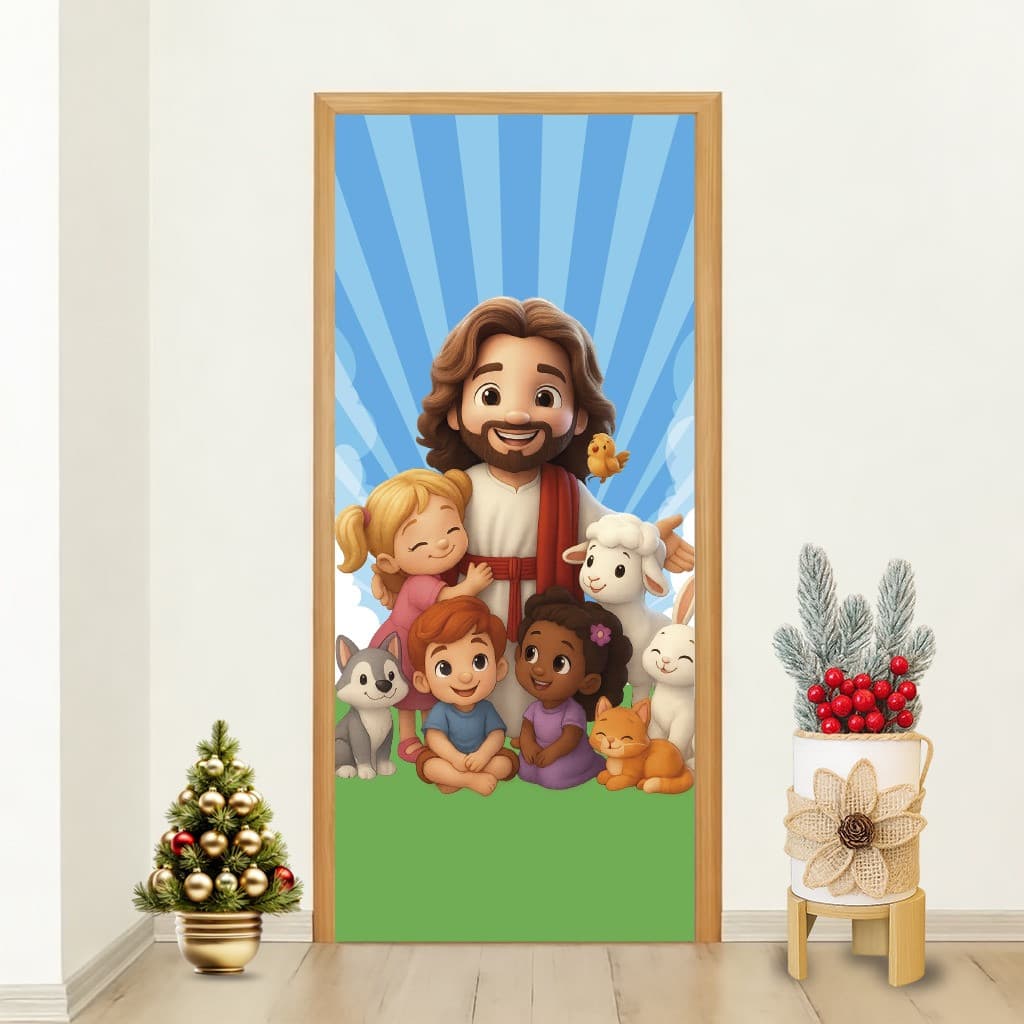 Capa de Porta com Tema Religioso Infantil Estampa Sublimada Jesus Crianças Animais Fé e Amor