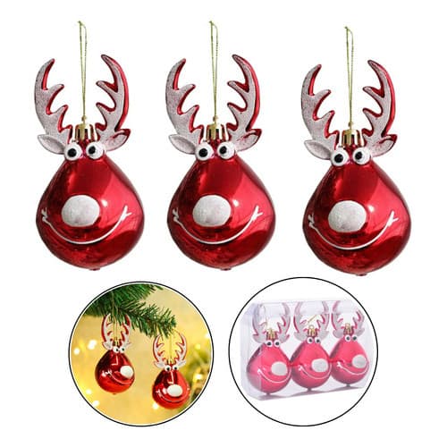 3 Enfeite De Árvore Rena Vermelha 10cm Decoração Natal Vermelho/ Rena