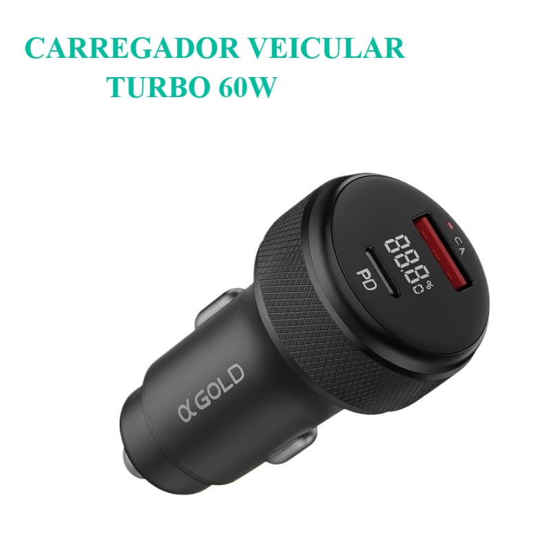 Carregador Carro Veicular Turbo 60W USB-C PD + QC 4.0 Carregador rápido usb carro