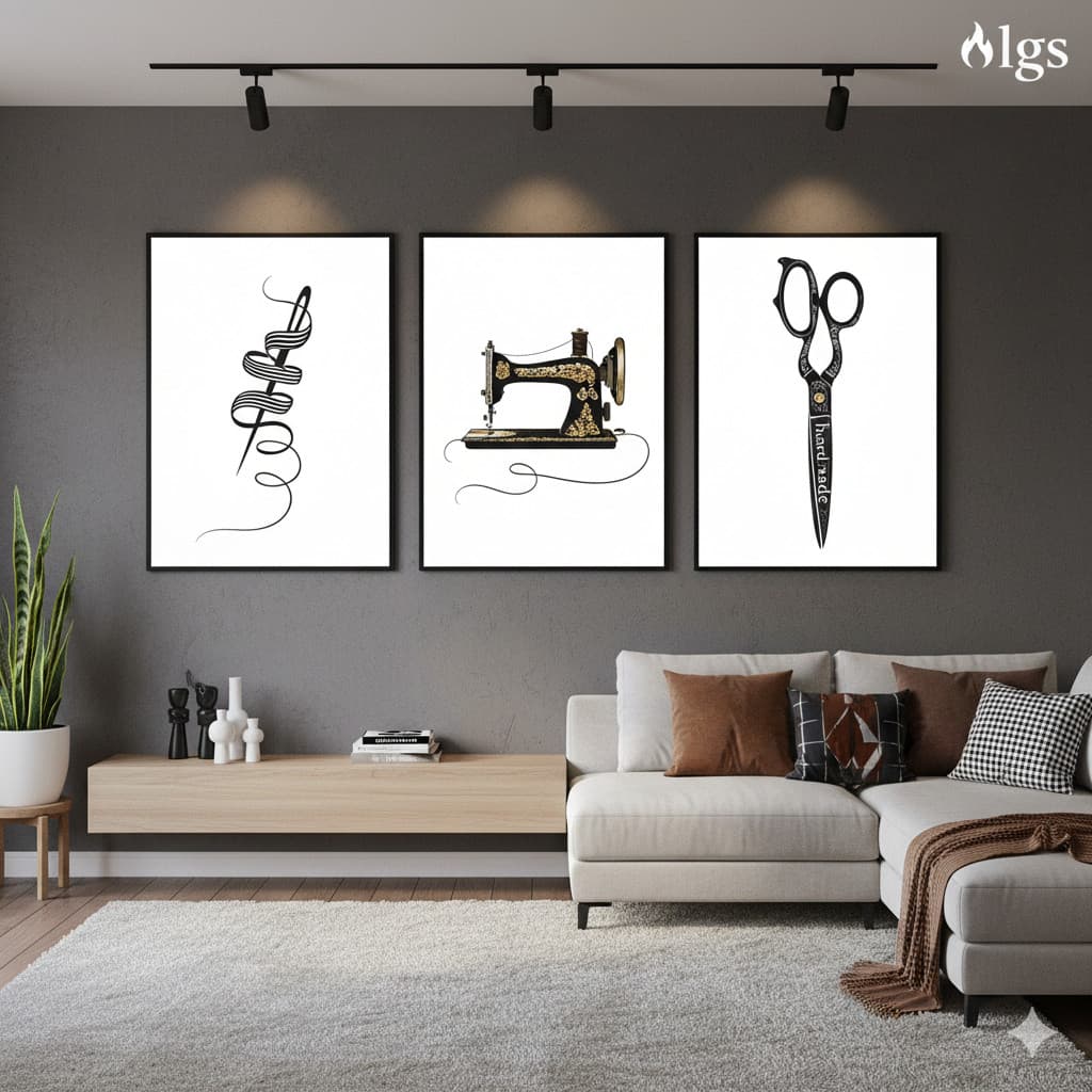 Quadro Decorativo Trio Costura Linha Tesoura Maquina Atelie Vintage Linha 120x60