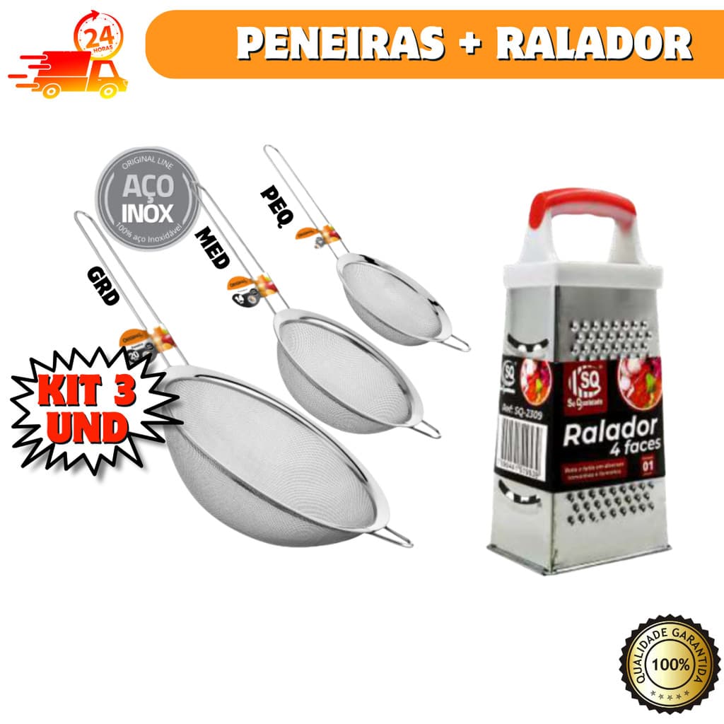 Ralador 4 faces Peneiras Inox pequena media e grande 12cm 14cm 21cm Utensilios Cozinha