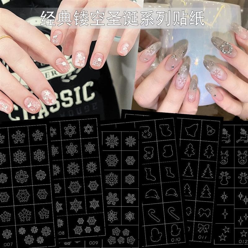 Influenciador novo estilo de natal Manicure oco adesivos jato de tinta floco de neve Elk árvore de natal Paiping cola mo