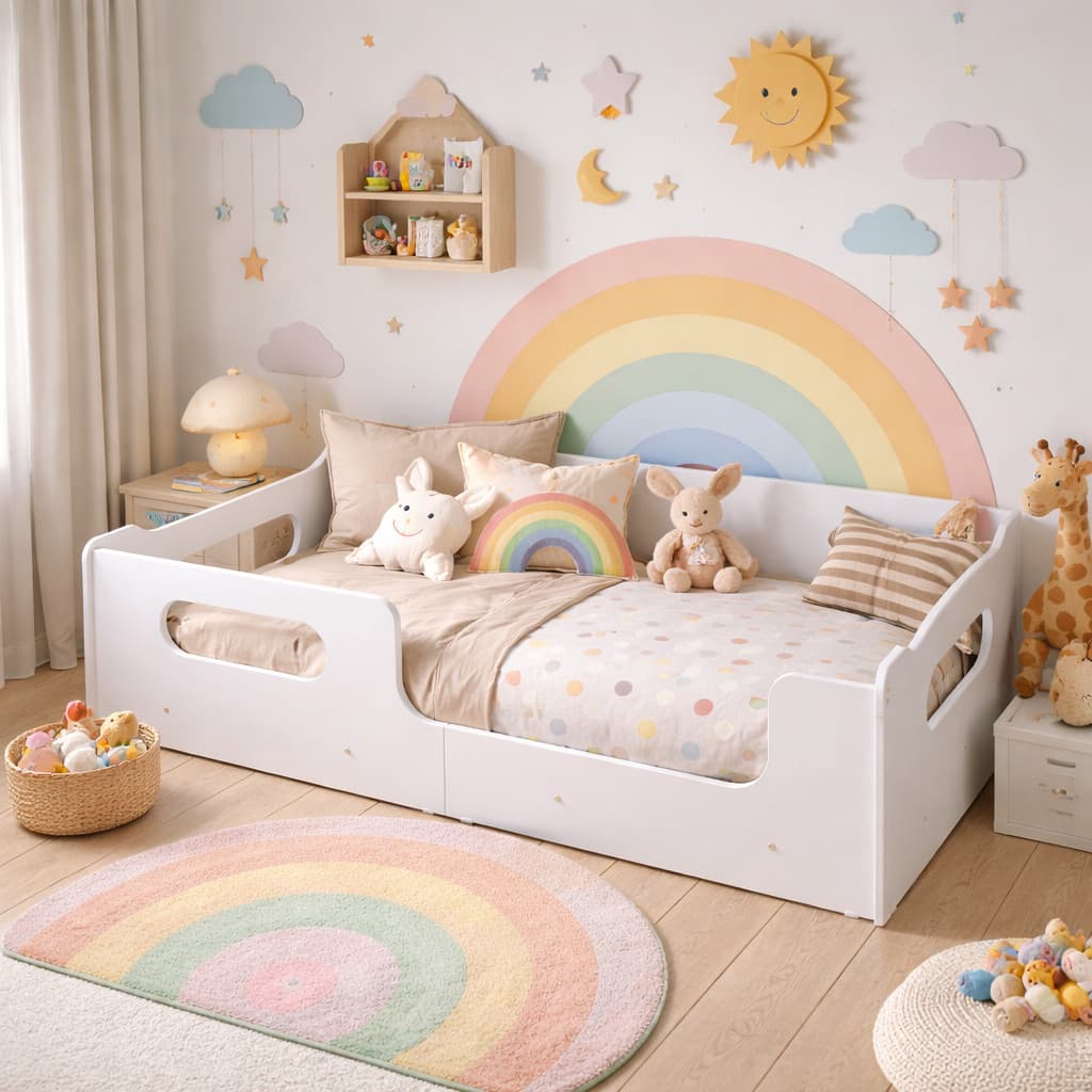 Cama Encanto Montessori Sem Colchão Segura e Moderna Com Grade Proteção Em MDF Quarto Da Criança