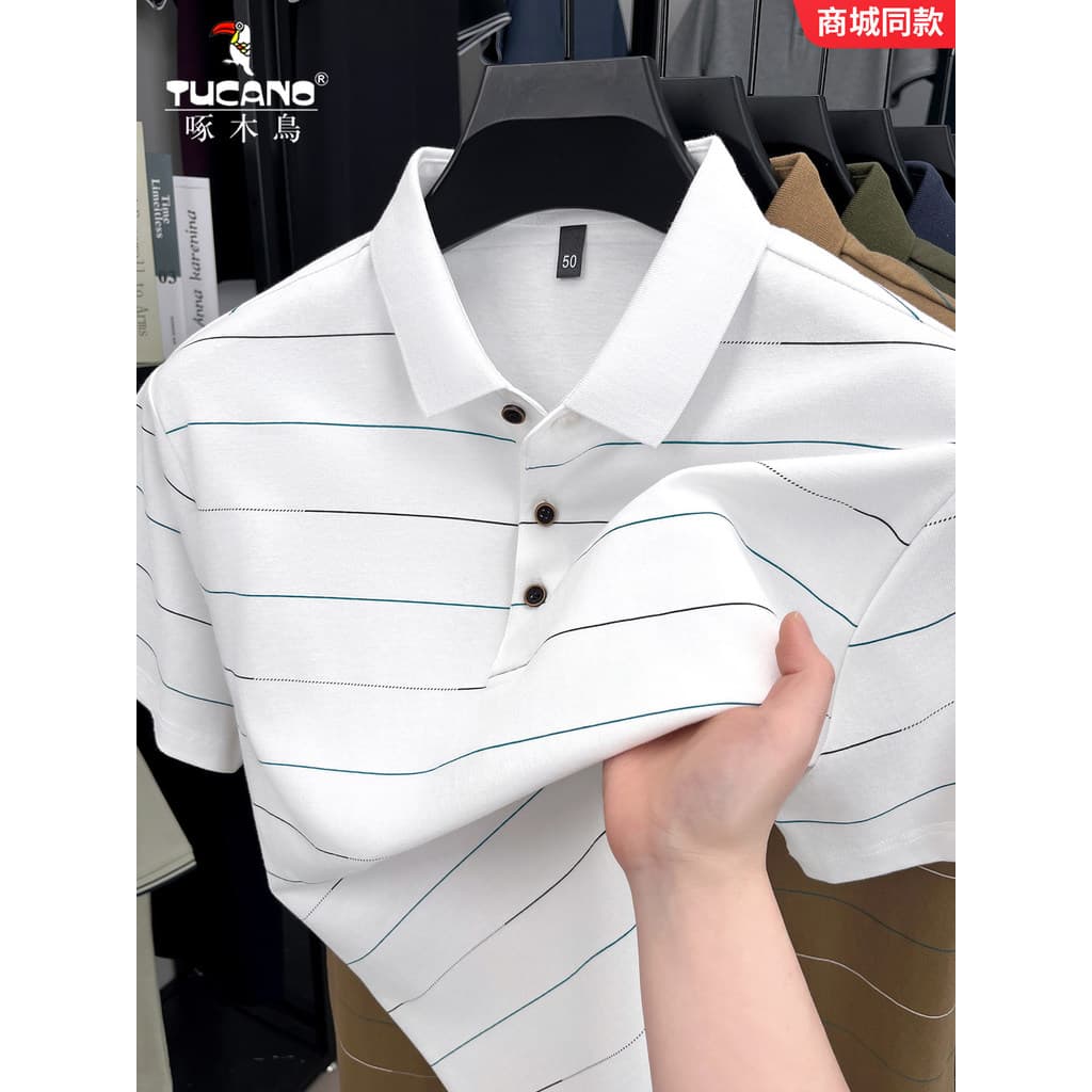 Woodpecker listrado camiseta de manga curta verão puro algodão Casual camisa polo masculina novo estilo lapela solta res