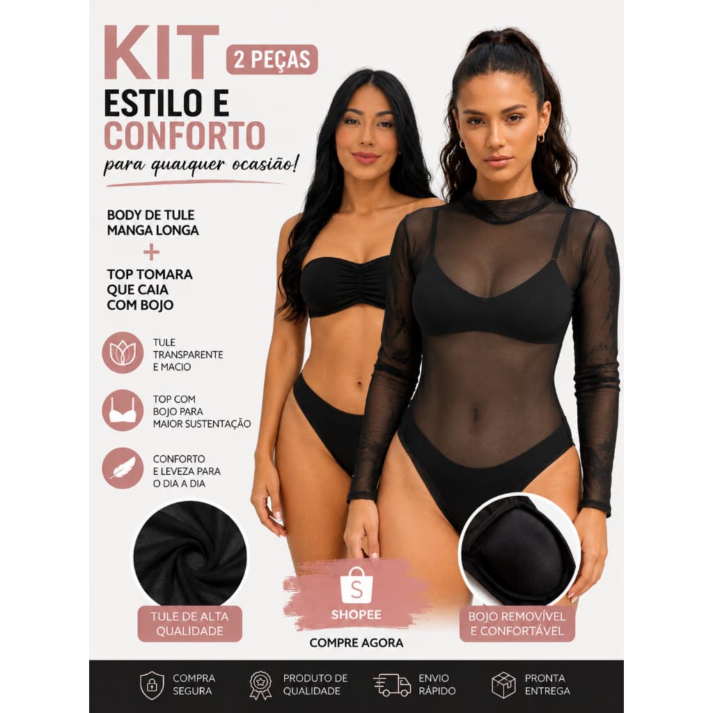 Kit com Body de Tule Manga Longa e Top com Bojo Tomara que caia