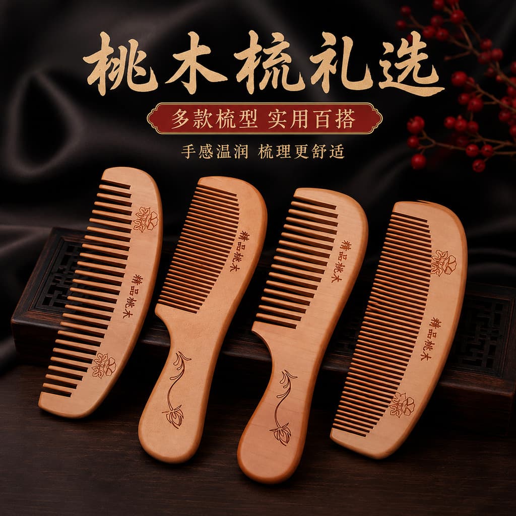 Pente de madeira de pêssego Natural, pente de madeira doméstico, sândalo estático, cabelo liso, massagem de cabeça, dent