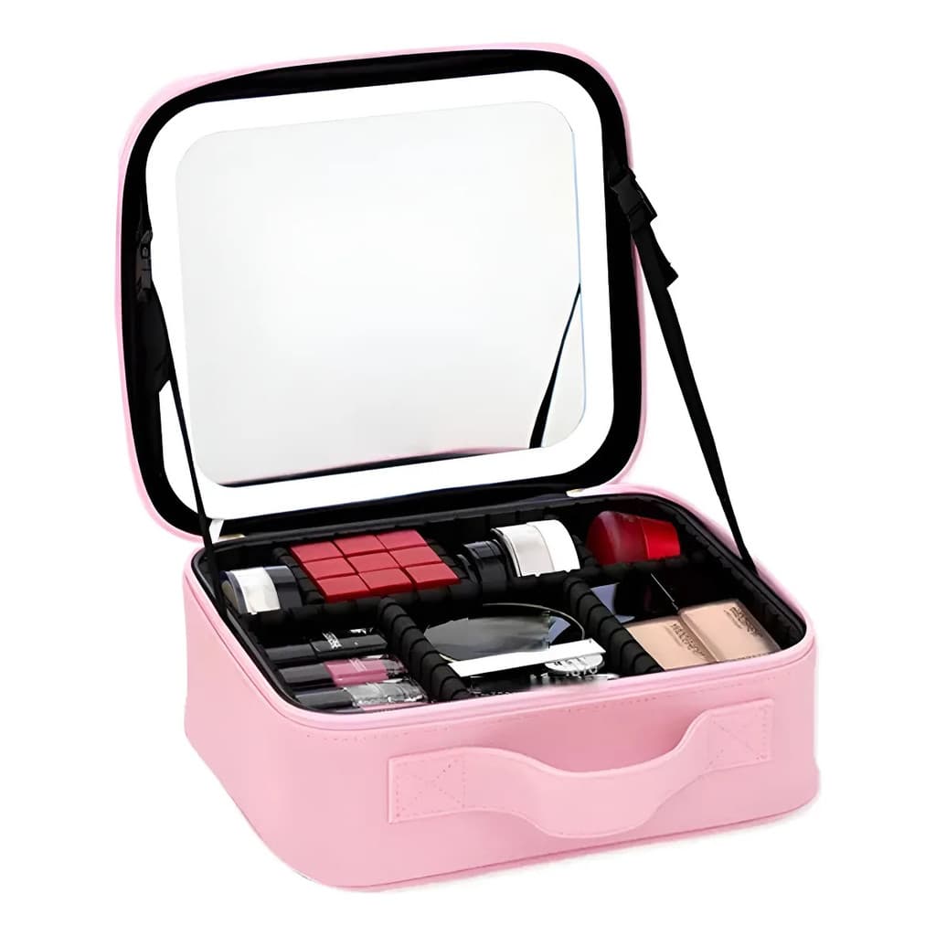 Maleta Maquiagem Profissional Com Espelho E Luz Led Com Usb Rosa