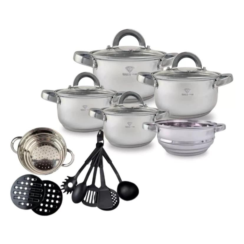 Jogo De Panelas 19 Peças Inox Genebra Antiaderente Tampa De Vidro