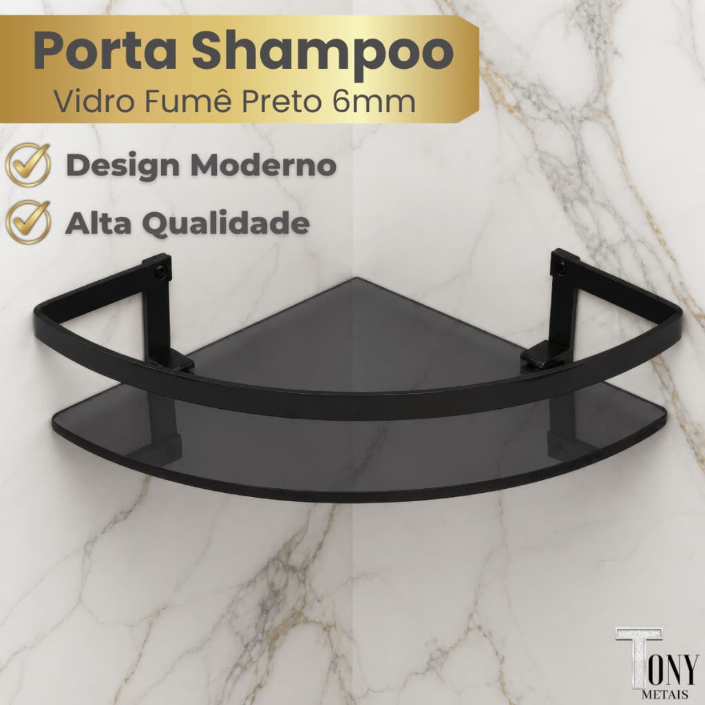 Porta Shampoo Canto Com Suporte Lateral para Banheiro Prateleira Preto Fosco Em Vidro Fumê